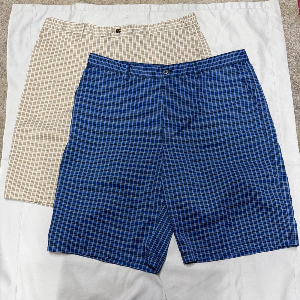 Adidas Mens Golf Shorts Lot of 2 Plaid Blue Khaki Size 38 Performance Athletic